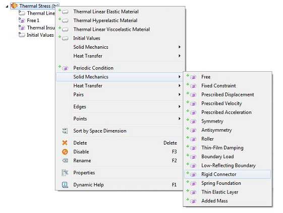 COMSOL, Context menu for solid mechanics boundary conditions