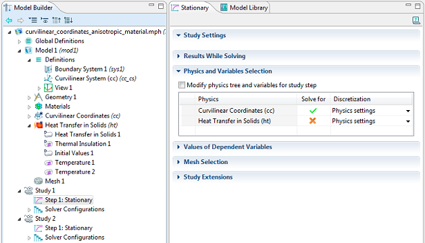 Study 1 Settings, COMSOL Multiphysics