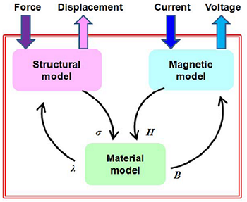 模拟磁致伸缩材料的磁性和结构行为。