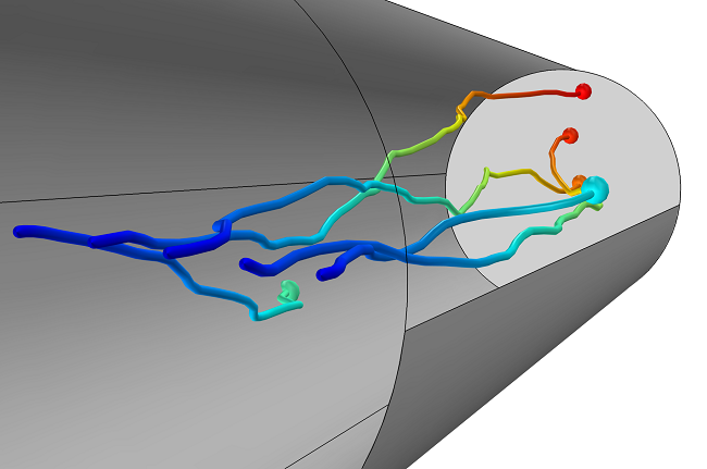 Argon ion trajectories in a drift tube simulated using the Particle Tracing Module