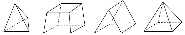 Different 3D meshing element types: tets, bricks, prisms, and pyramids.