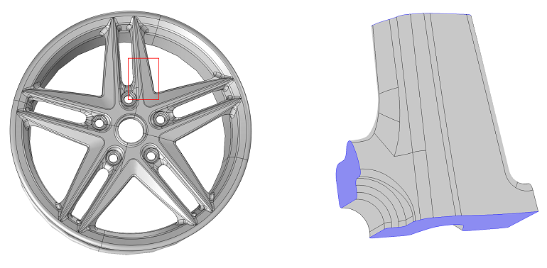 Submodeling example: Full and submodel of a wheel rim