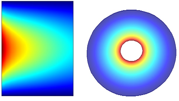 Plot of the electric field's magnitude and the magnitude of the electric field on a surface that bisects the cavity
