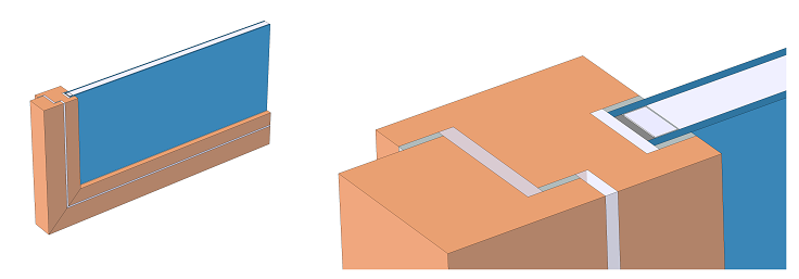 A diagram and zoom-in depicting a window frame cross section and glazing