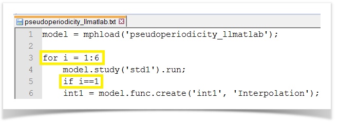 A screenshot showing the for-loop and if-statement commands in the  MATLAB script
