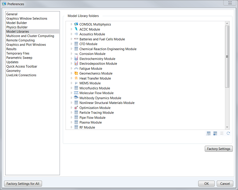 Screenshot of the Preferences window of the Model Library