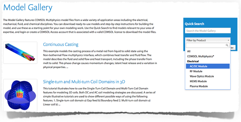 Screenshot of the Model Gallery available on the COMSOL website