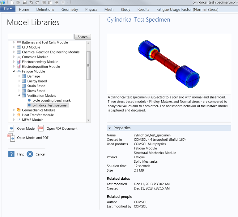 Screenshot of the Cylindrical Test Specimen model as seen in the Model Library