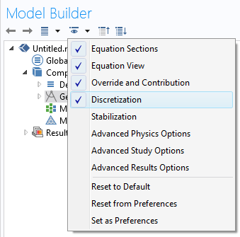 Screenshot of selecting discretization in the Model Builder of COMSOL Multiphysics