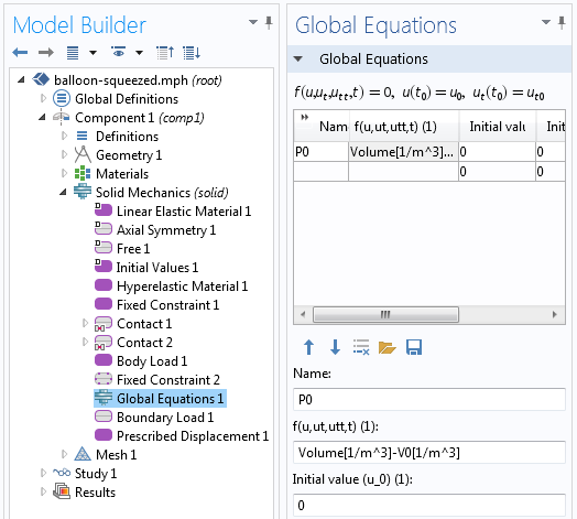 Screenshot of the Global Equation in COMSOL Multiphysics