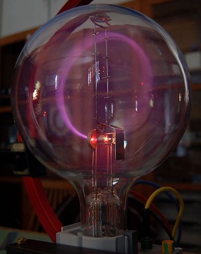 A photo of cathode rays bent into a circle by a Helmholtz coil.