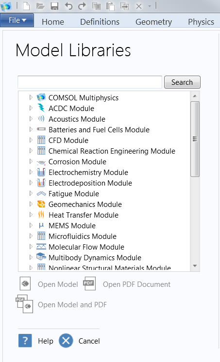 تصویری از لیست کتابخانه های مدل موجود در COMSOL Multiphysics