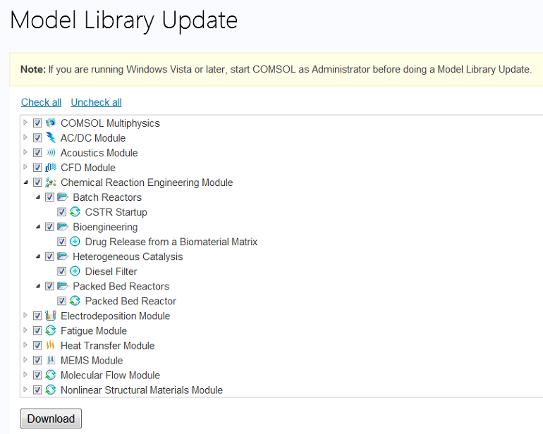 Screen capture of the Model Library Update window in COMSOL Multiphysics