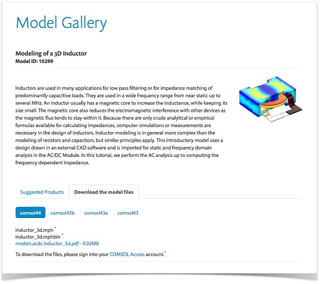 Screenshot of the Modeling of a 3D Inductor model entry in the COMSOL Model Gallery