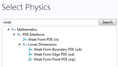 Screenshot of the available weak form interfaces in COMSOL Multiphysics