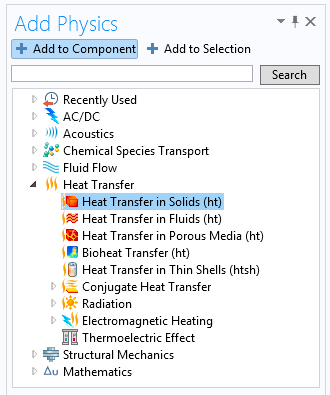 Screenshot of the Heat Transfer in Solids interface in COMSOL Multiphysics