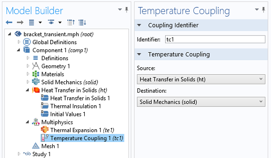 Screenshot of the Solid Mechanics interface for temperature coupling