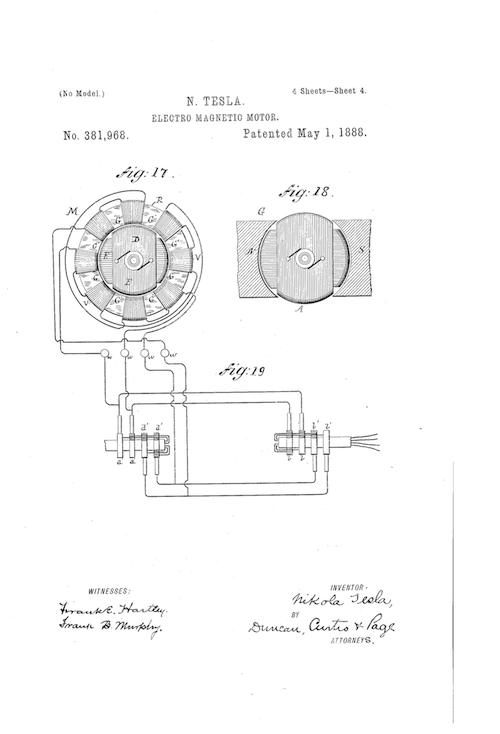 Nikola Tesla's electromagnetic motor patent US381968-3