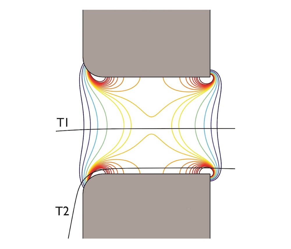 Visualizing the different electrical fields of two particles with different trajectories.