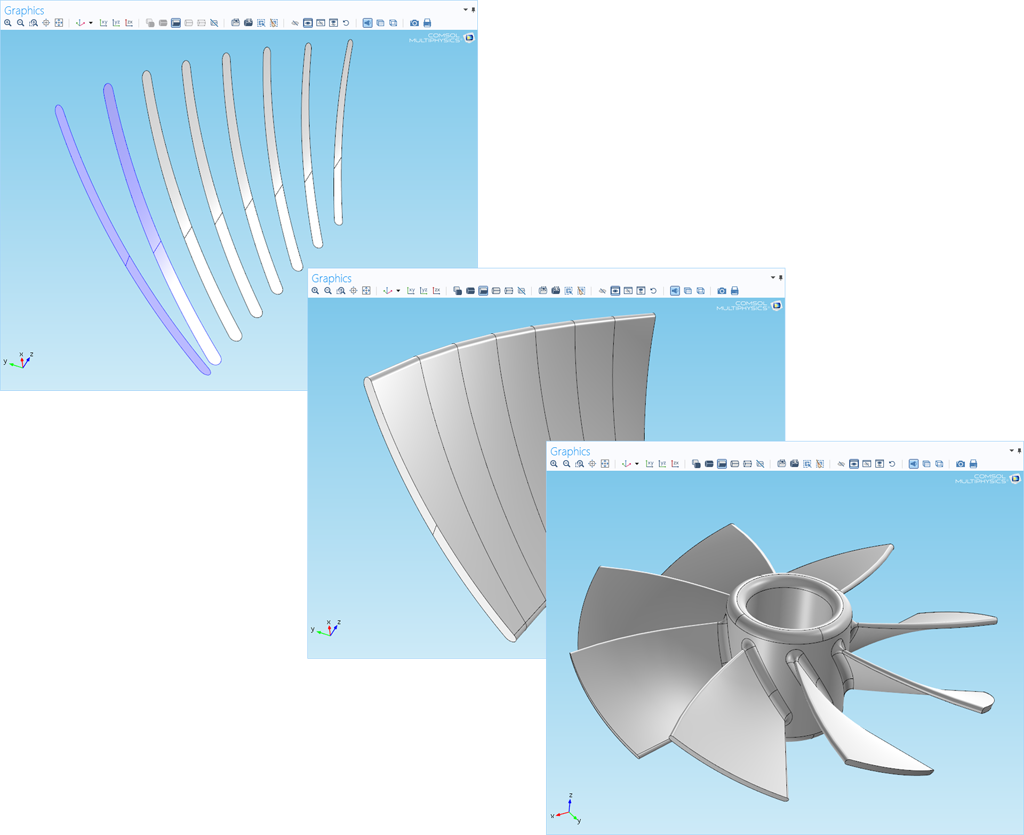 A collage showcasing the lofting command available in the new Design Module from COMSOL.