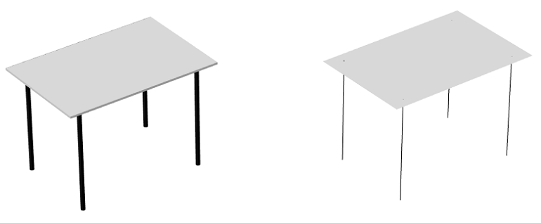 A model geometry of a reading table along with a model geometry of a reading table created with the Shell and Beam interfaces.