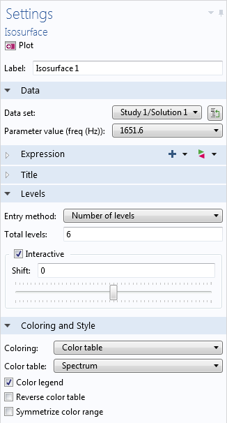 Screenshot showing the settings window of the isosurface plot.