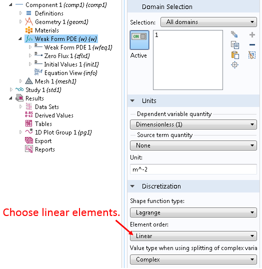 Choosing linear elements in the settings window.