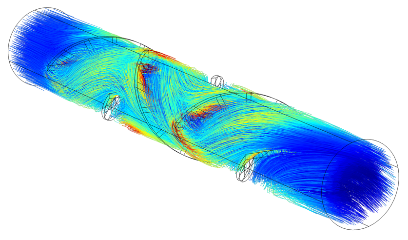 层流混合器模型中的粒子追踪图。