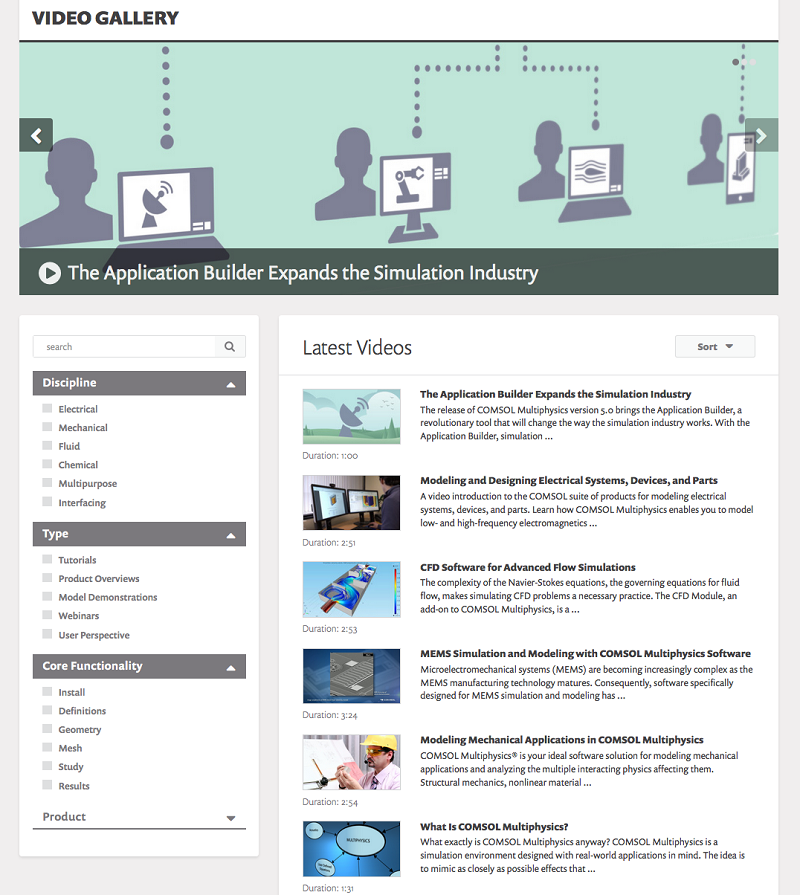 A screenshot of the revamped Video Gallery, which includes nearly 150 COMSOL Multiphysics videos.