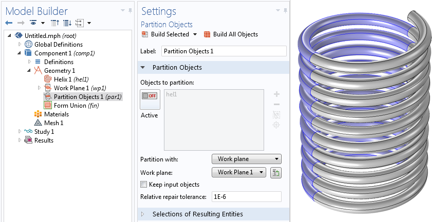 Partitioning the helix in COMSOL Multiphysics.