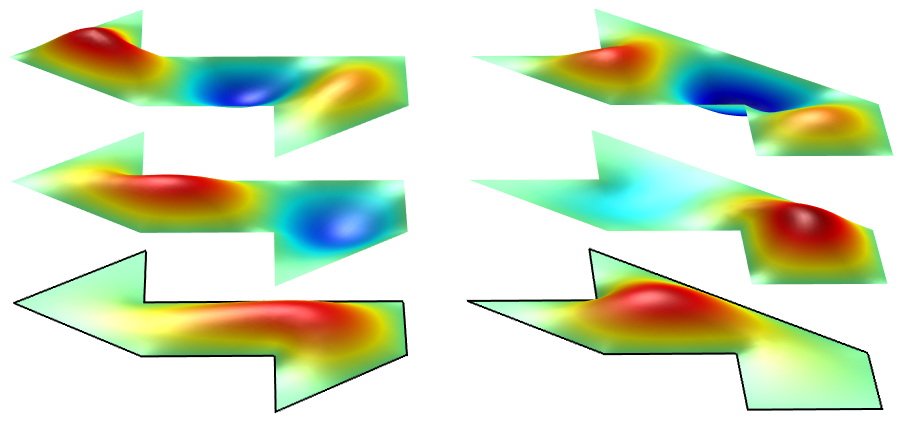 An illustration of three modes of two polygons with a shared set of eigenfrequencies.