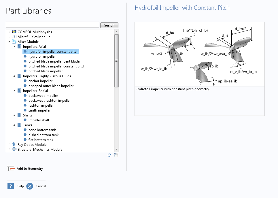 COMSOL Multiphysics 5.1 版本中可用的搅拌器模块零件库。