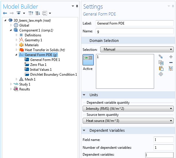 Screenshot showing how to implement the Beer-Lambert law by setting dependent variables and units.