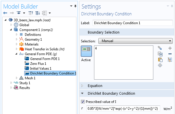 Screenshot of setting the Dirichlet boundary condition for incident light intensity in a simulation.