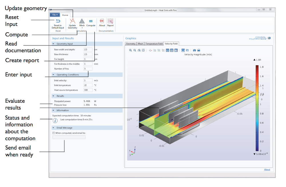 The user interface of a simulation app for optimizing heat sink designs.