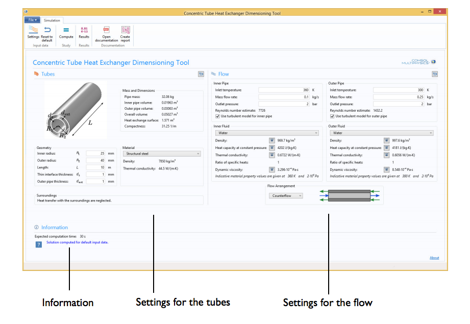 A screenshot of a concentric tube heat exchanger's settings panel.