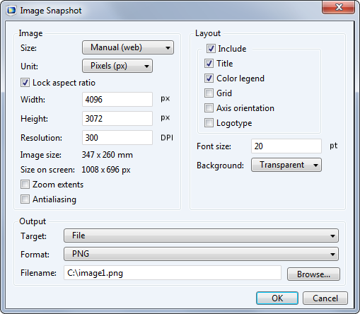 This image shows the options available to you when using Image Snapshot in COMSOL Multiphysics.