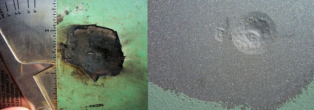 Images comparing a corrosion pit before and after blasting.