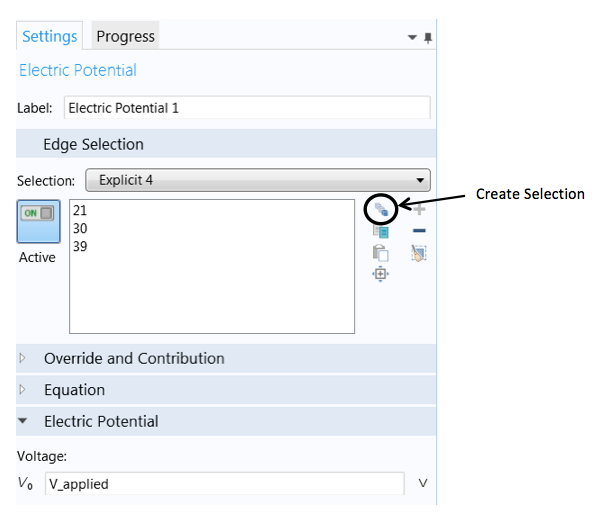 Settings window for creating a selection.