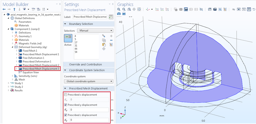 A screenshot of the prescribed mesh displacement settings for symmetry cut boundaries.