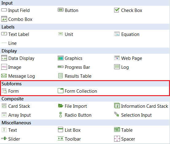 Subforms highlighted within a list of form objects.