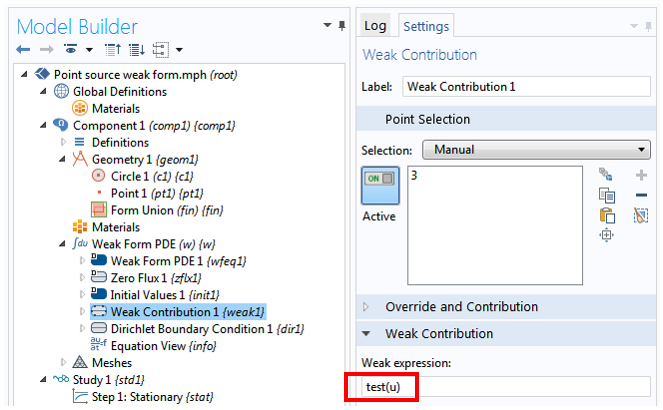Screenshot showing how to add a Weak Contribution node in COMSOL Multiphysics.