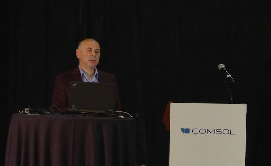 Photograph of COMSOL Conference 2015 Boston keynote speaker, Dritan Celo of Huawei Canada Research Centre.