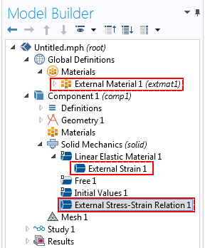 Screenshot showing how to access External Material, External Strain, and External Stress-Strain nodes inside the COMSOL Multiphysics Model Builder.