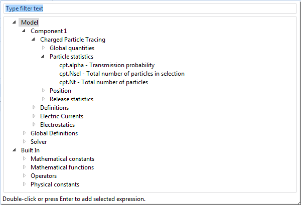 Adding expressions to a COMSOL Multiphysics particle counting model.