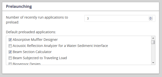 A screen capture of the administrator preferences for preloading apps in COMSOL Server™ version 5.2.