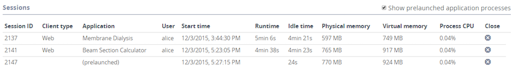 The prelaunched app processes seen through the administrator view.