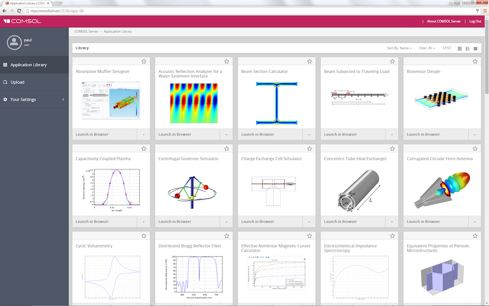A screenshot of the Application Library view in the web interface of COMSOL Server™.