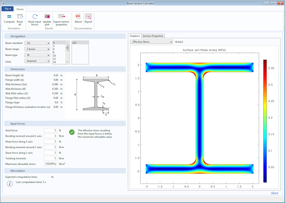 An image showing the user interface of the Beam Section Calculator app.