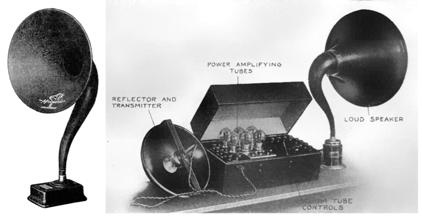 Side-by-side photographs of early Magnavox loudspeaker designs.